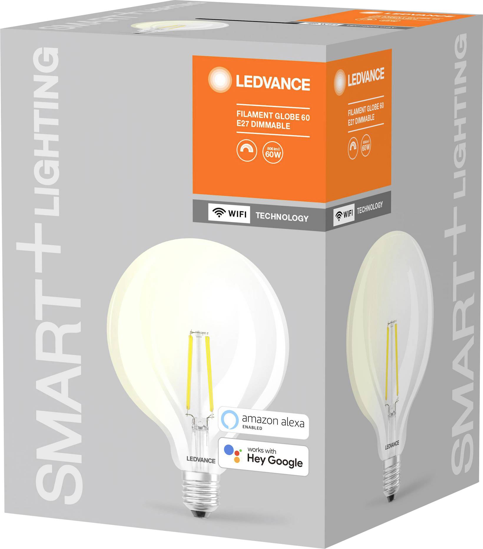 Verpakking van een dimbare LED-lamp van Ledvance, compatibel met Amazon Alexa en Google Assistant, toont energie-efficiënte en slimme technologie.
