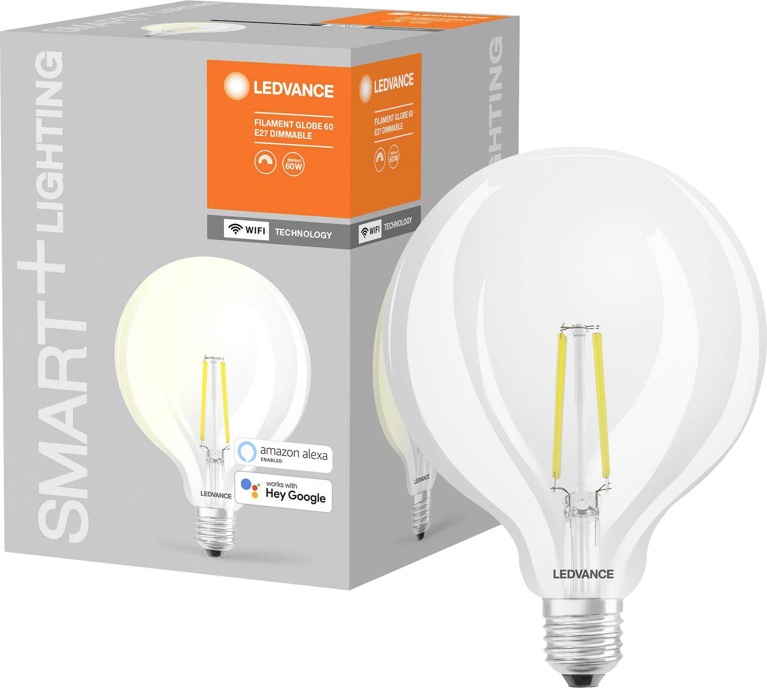 Een slimme LED-lamp van Ledvance, compatibel met Amazon Alexa en Google Assistant, afgebeeld voor zijn verpakking.