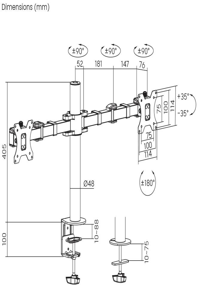 'Bureau-monitorsteun' technische tekening met afmetingen. Twee VESA-steunen voor monitors, draaibaar ±90° en kantelbaar ±35°. Geschikt voor tafels van 10-88mm dik.