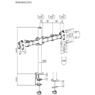 'Bureau-monitorsteun' technische tekening met afmetingen. Twee VESA-steunen voor monitors, draaibaar ±90° en kantelbaar ±35°. Geschikt voor tafels van 10-88mm dik.