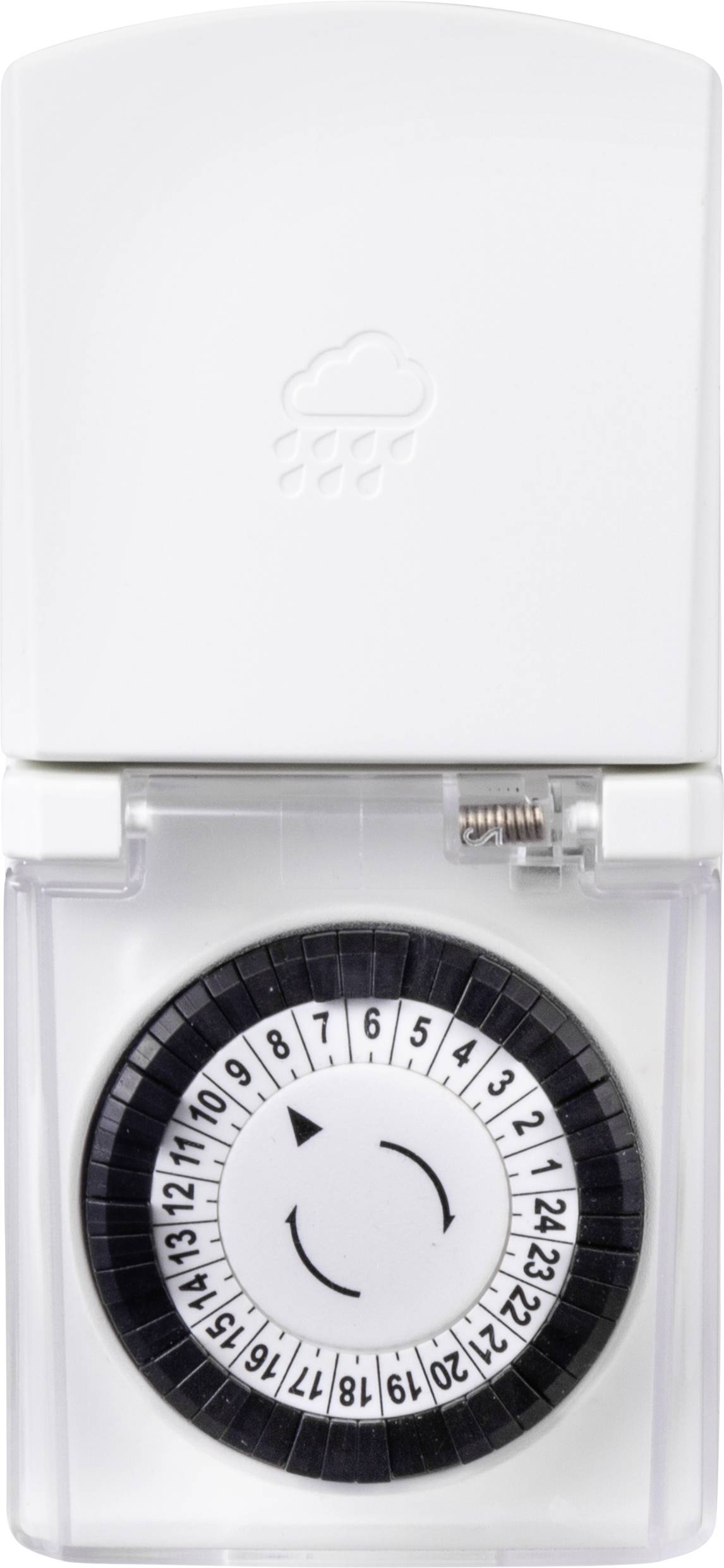 Een witte tijdschakelklok met een klokweergave en een regensymbool. De uren zijn in een cirkel gerangschikt, en een pijl geeft de ingestelde tijd aan.