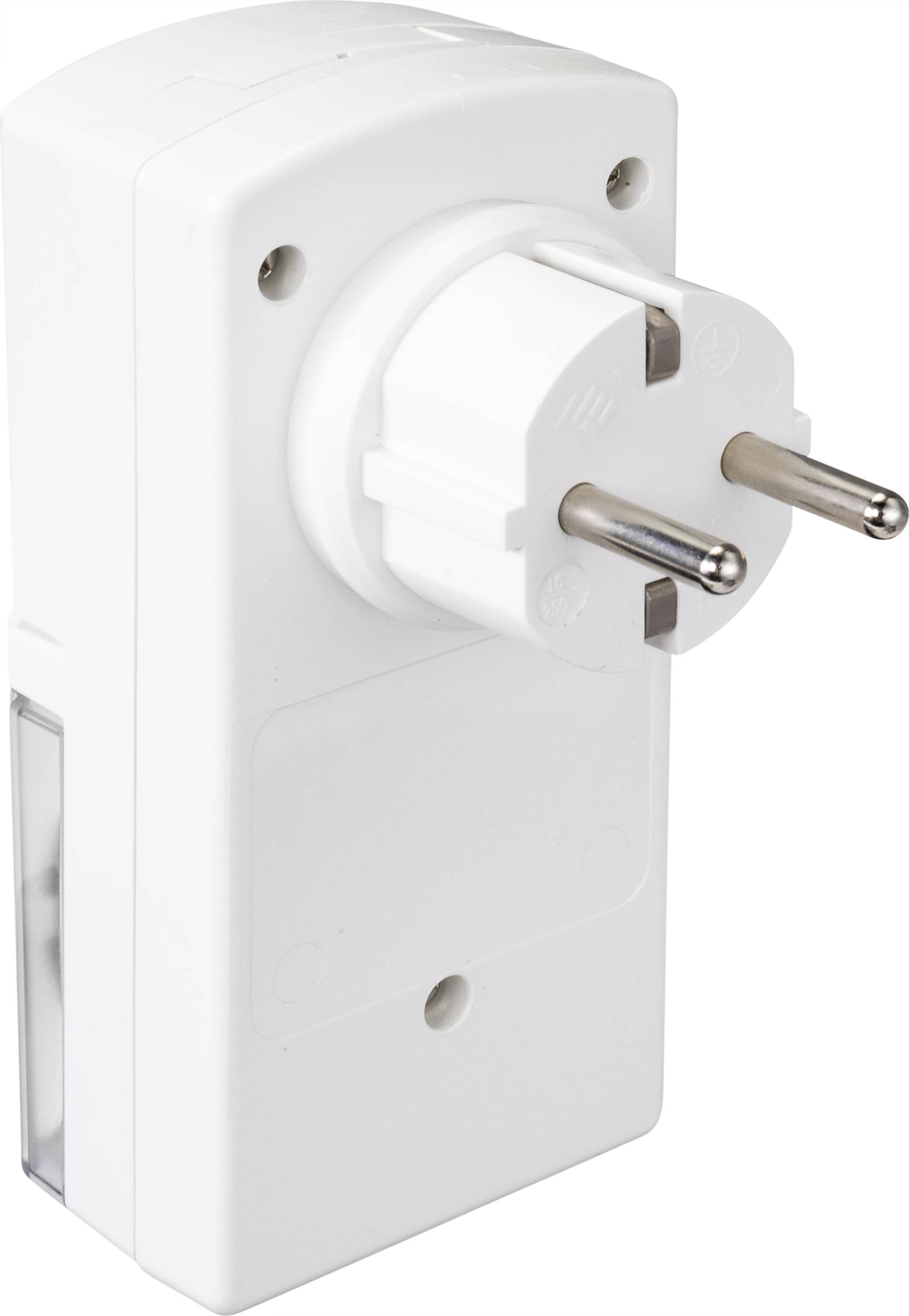 Een witte, rechthoekige adapterstekker met twee ronde metalen pinnen voor gebruik in een stopcontact.