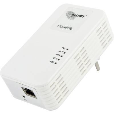 Een witte Powerline-adapter van Allnet, met LED-indicatoren voor PLC, ACT, PWR, ETH en POE, alsook een Ethernet-aansluiting.