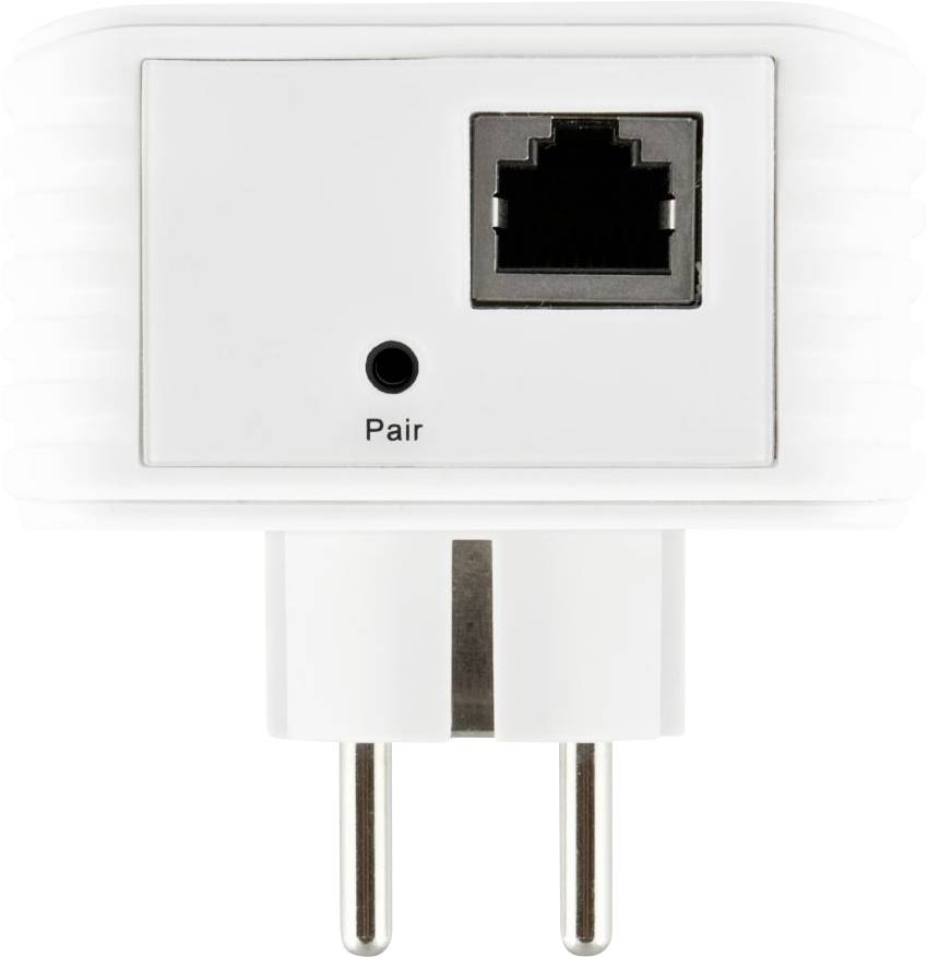 Een witte netadapter met een Ethernet-poort en een label 'Pair'. Geschikt voor netwerkverbinding via stroomleiding.