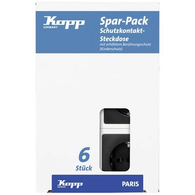 Verpakking met 6 geaarde stopcontacten van Kopp, gepromoot als besparingspakket met verhoogde aanrakingsbeveiliging voor kinderveiligheid.