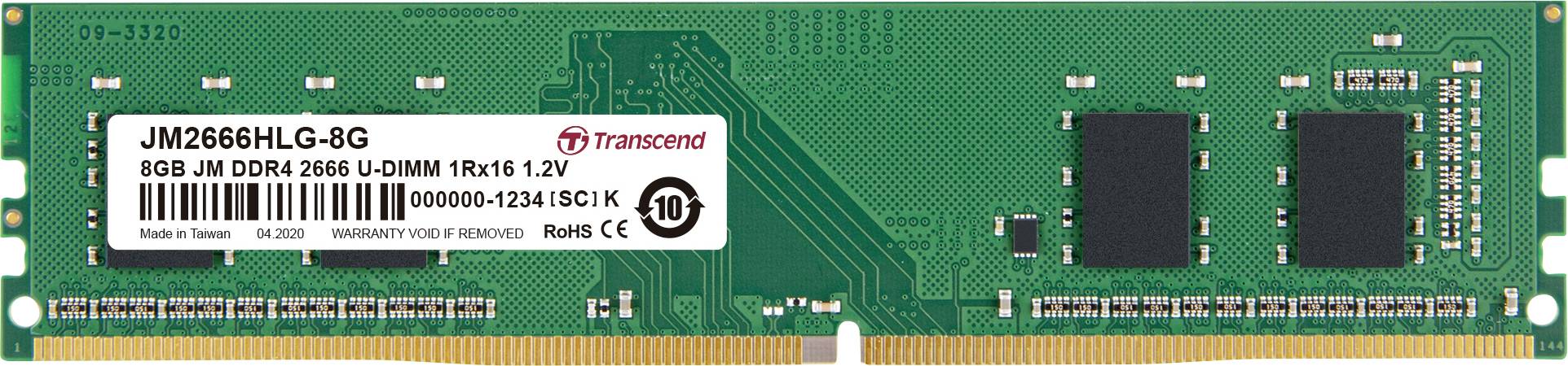 DDR4-RAM-module, 8GB capaciteit, Transcend merk, met meerdere geheugenchips en fabrikantenlabel.