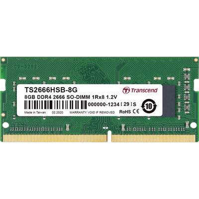 Geheugenkaart met opschrift 'TS2666HSB-8G', 8GB DDR4 2666 SO-DIMM, 1Rx8, 1.2V, met fabrikemsmerk van Transcend.
