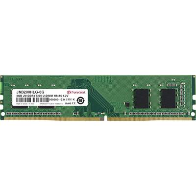 Een groen RAM-module met acht geheugenchips en een witte sticker waarop technische specificaties zoals "8GB DDR4 3200" staan.