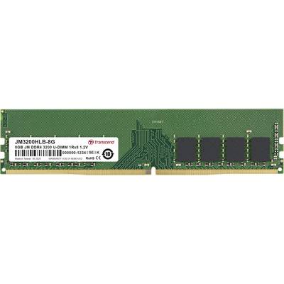 'Transcend 8GB DDR4 3200 U-DIMM' werkgeheugenmodule met 1Rx8 geheugenconfiguratie en groen printplaatontwerp.