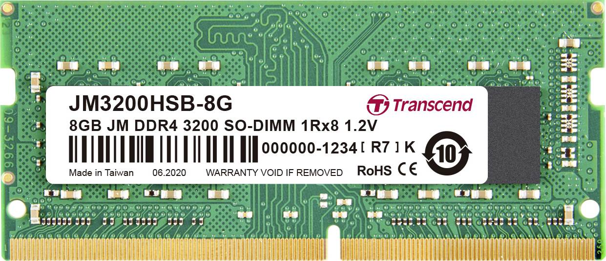 'Transcend DDR4 RAM-module, 8GB, 3200 SO-DIMM, 1Rx8, 1.2V.'