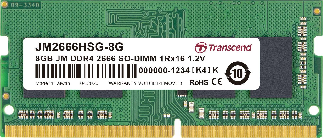 Groene RAM-geheugen van Transcend, model JM2666HSG-8G, 8GB DDR4 met wit etiket met technische specificaties en streepjescode.