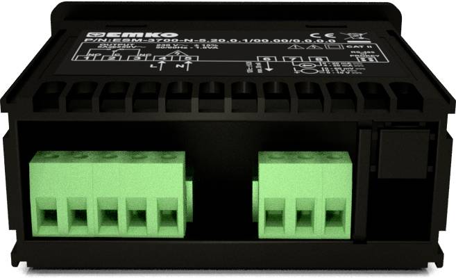 Zwart EMKO-apparaat met twee groene aansluitklemmen, geschikt voor elektrische bedrading. Technische details staan bovenaan gedrukt.