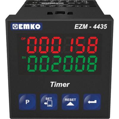 Digitale timer met display toont '000158' bovenaan in het rood en '002008' onderaan in het groen. Knoppen onderaan: 'P', 'SET', 'RESET', pijl naar rechts.