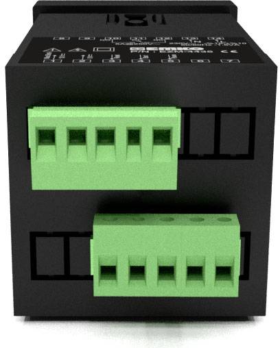 Een zwart, rechthoekig elektrisch apparaat met groene klemmen voor kabelaansluitingen aan de voorkant, geschikt voor industriële toepassingen.