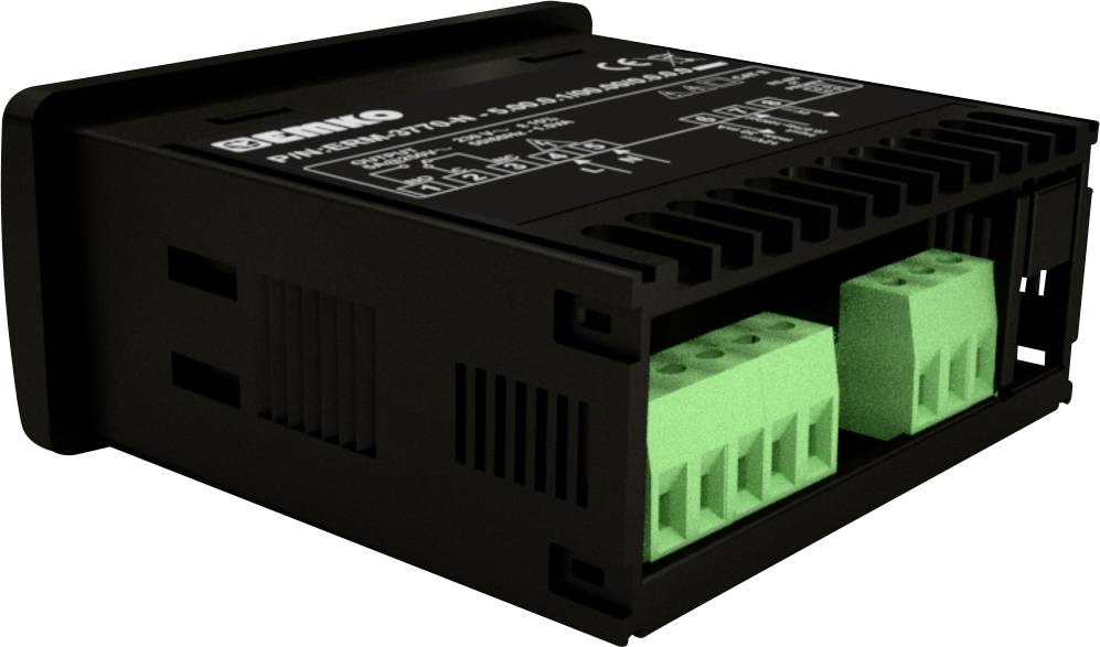Elektronisch apparaat met een zwart behuizing, voorzien van technische specificaties. Voorzijde met twee groene aansluitingen.