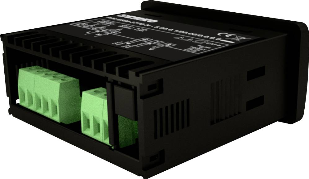 Zwart elektronisch apparaat met groene aansluitklemmen, wordt gebruikt als stroomvoorziening of besturingsapparaat in technische toepassingen.