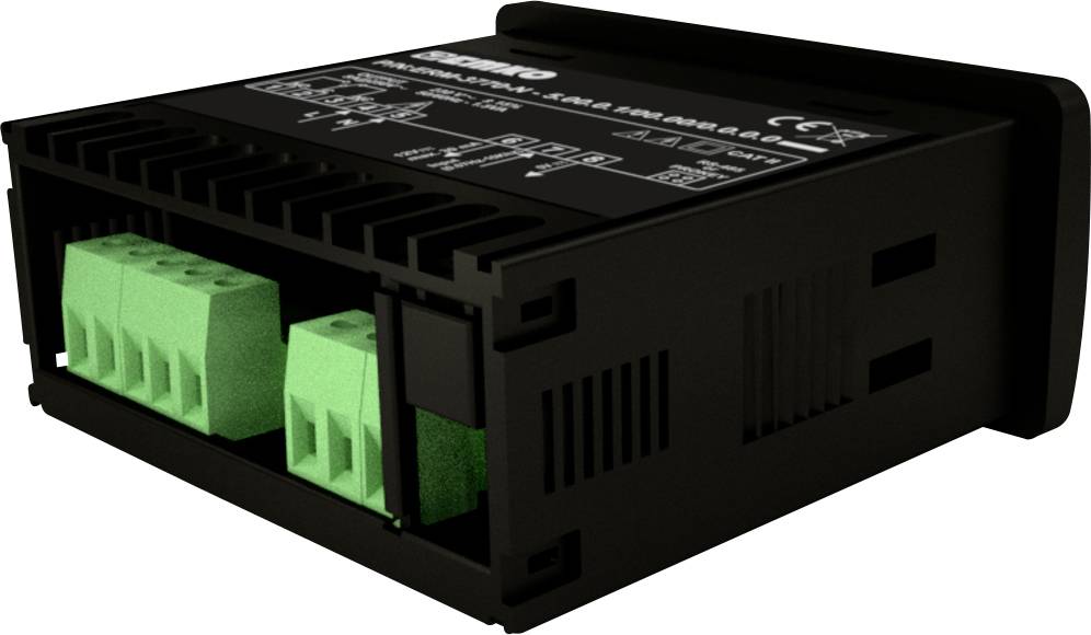 Een zwart elektronisch apparaat met groene aansluitingen aan de voorkant, vermoedelijk bedoeld voor besturing of energieomzetting.