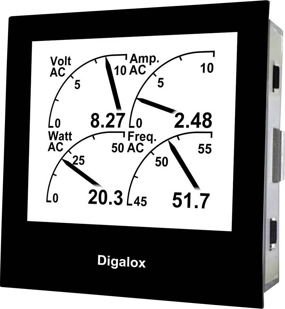 Digitale weergave met vier schalen toont waarden: Spanning 8,27 V, Stroom 2,48 A, Vermogen 20,3 W, Frequentie 51,7 Hz.