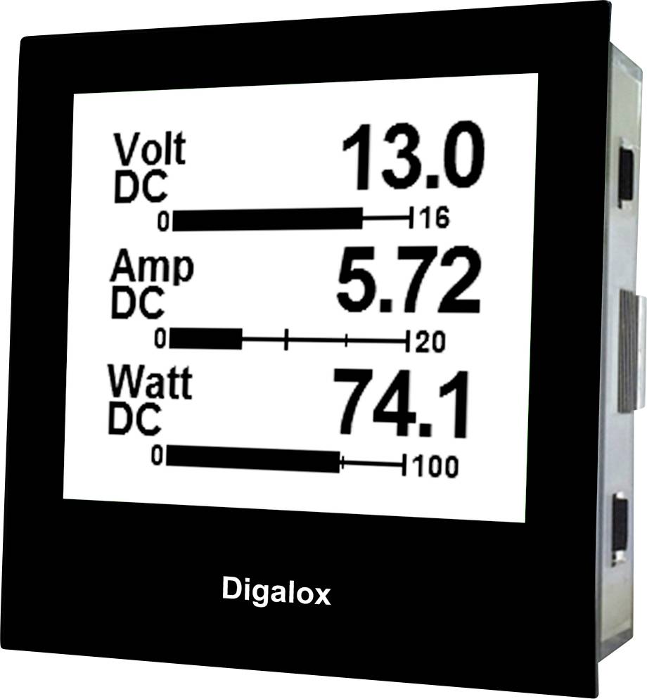 Digitale weergave met drie meetwaarden: Volt DC 13,0, Ampère DC 5,72, Watt DC 74,1. Alle waarden weergegeven met balkdiagrammen.