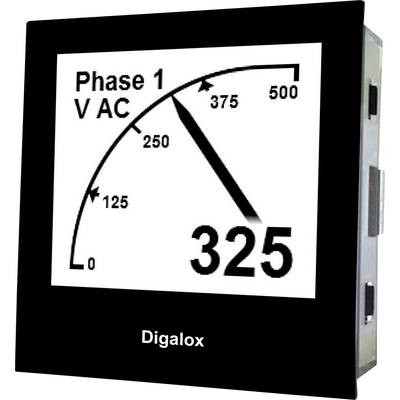 Digitaal meetapparaat toont wisselstroomspanning van 325 V in fase 1. Een pijl markeert het bereik op een schaal tot 500 V.
