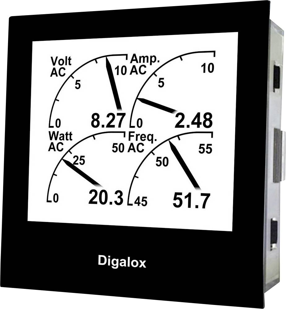 Digitale weergave met waarden: Spanning 8,27 Volt AC, Stroom 2,48 Ampère, Vermogen 20,3 Watt AC, Frequentie 51,7 Hertz.