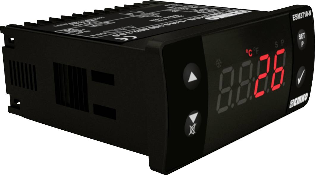 Een digitaal thermostaat toont een temperatuur van 26°C op een led-display, met bedieningsknoppen aan de rechterkant.