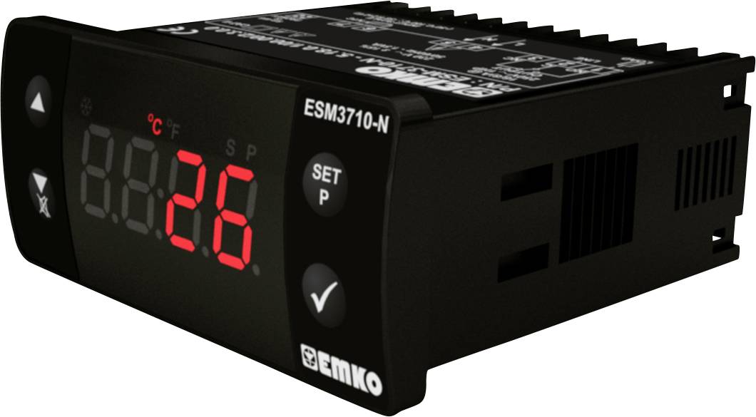 Digitale temperatuurregelaar, toont '26°C' op een rood LED-display. Markering 'EMKO ESM3710-N'. Instellingstoetsen rechts.
