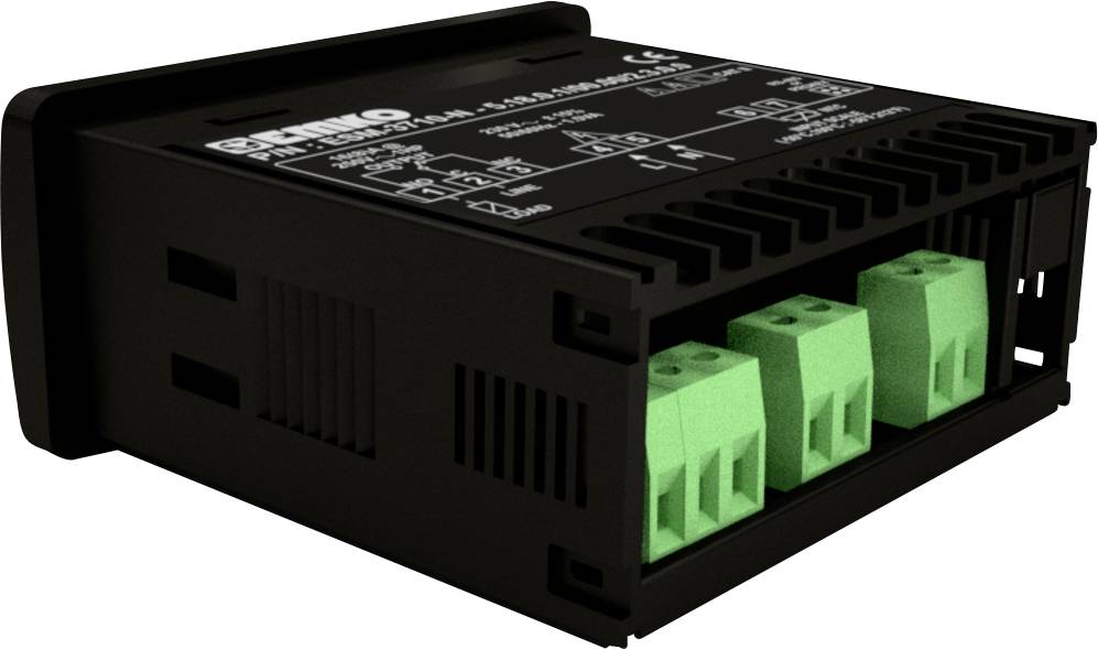 Een zwart elektronisch module met groene aansluitklemmen aan één zijde, voorzien van opschriften en technische informatie bovenaan.