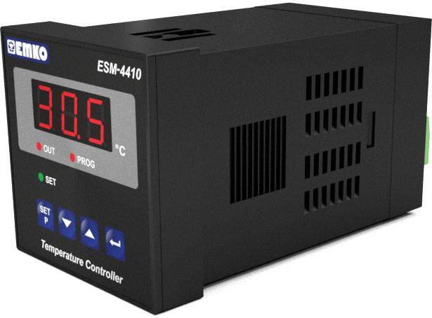 Temperatuurregelaar met digitale display toont '30,5°C'. Apparaattoetsen voor instelling zichtbaar, model ESM-4410.