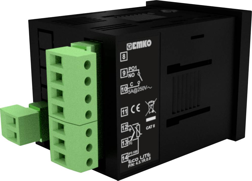 Een zwart elektronisch stuureenheidapparaat met groene klemmen, voorzien van technische specificaties en symbolen op de voorkant.