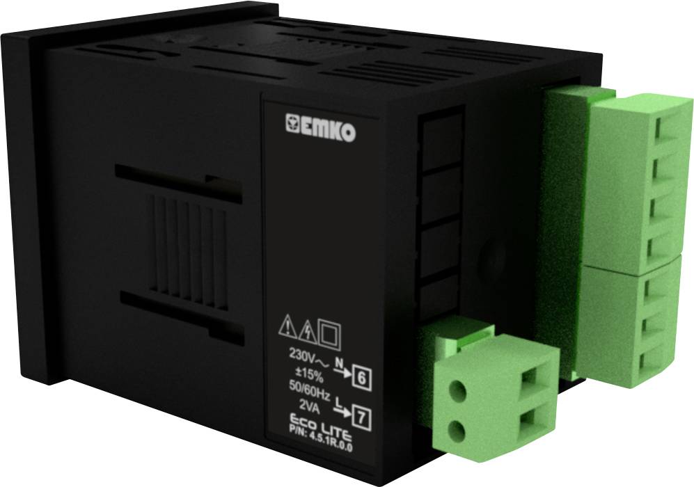 Zwart EMKO-apparaat met groene stekkerverbindingen, toont technische specificaties zoals '230V~, ±15%, 50/60Hz, 2VA'.