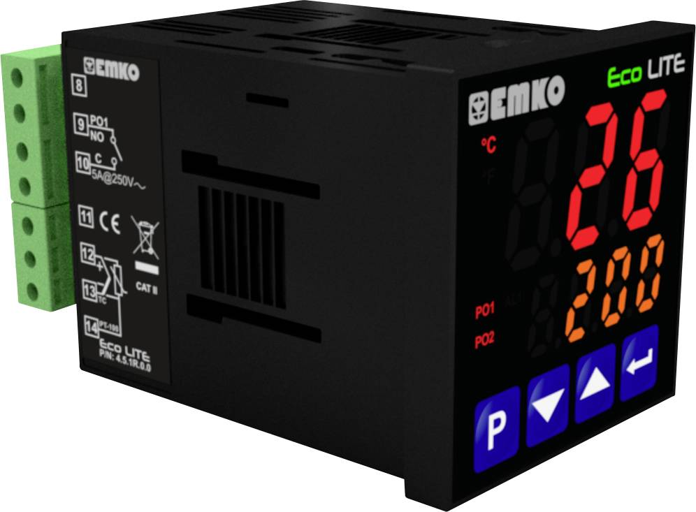 Digitaal temperatuurregeltoestel met LED-display, toont 26 graden Celsius. Vier blauwe functietoetsen aan de voorkant, aansluitklemmen links.