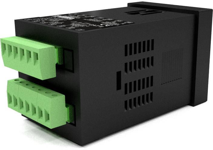 Een zwart elektronisch apparaat met groene stekkerverbindingen aan de zijkant, waarschijnlijk een industrieel besturingsmodule.