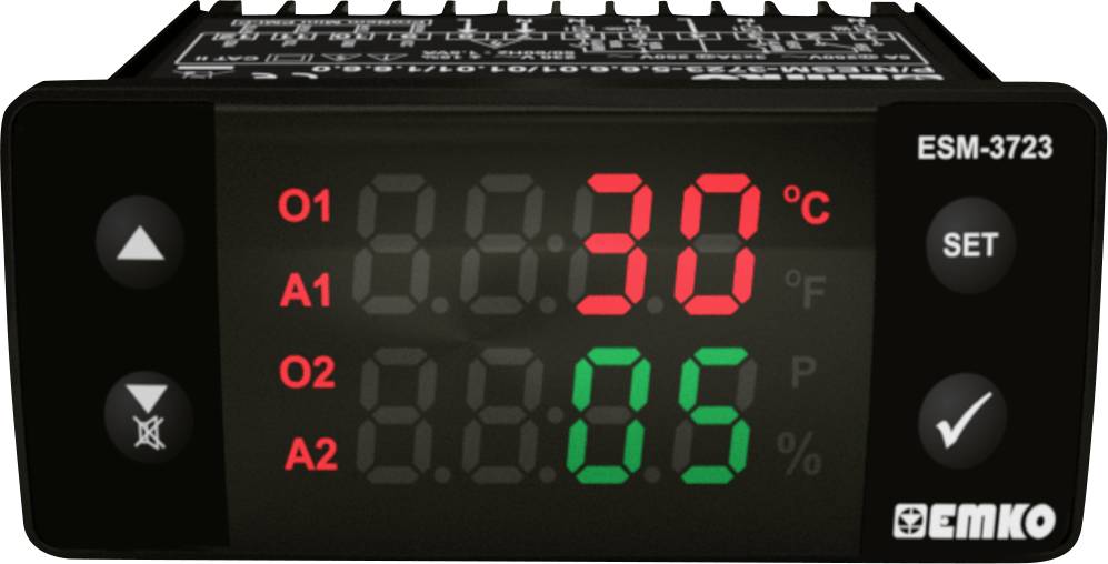 Digitaal temperatuur- en vochtigheidsmeetapparaat met rode en groene LED-displays, numerieke waarden en bedieningsknoppen.