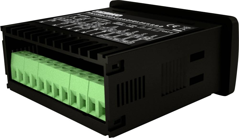 Een zwarte elektronische besturings-eenheid met groene aansluitklemmen aan de voorkant. Vormopdrukken op de bovenkant.
