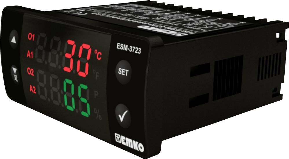 Digitale temperatuurregelaar, toont '30°C' in het rood en '85' in het groen. Merknaam bovenaan, met bedieningselementen en koelsleuven aan de zijkant.