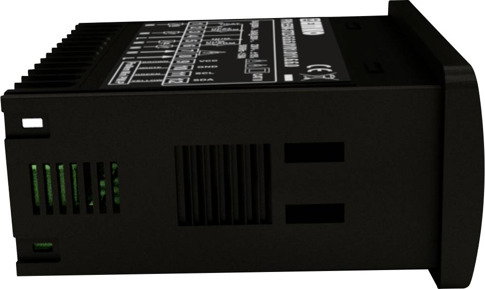 Een zwart elektronisch apparaat met ventilatiesleuven en aansluitingen aan de zijkant, mogelijk een module voor industriële toepassingen.
