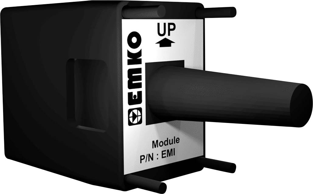 Zwart rechthoekig module met een uitstekende ronde antenne. Op de voorkant staat 'EMKO' en 'UP'. Rechts uitgelijnd.