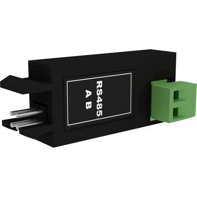 Zwarte RS485-adapter met groene en zwarte aansluitklem, gelabeld met 'RS485 A B'. Verbindt seriële datatransmissieapparatuur.