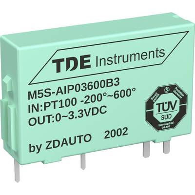 'Groen TDE instrumentenmodule met TÜV-Süd-logo, model M5S-AIP03600B3. Meet PT100 met ingang van -200° tot 600°; uitgang 0-3,3 VDC.'