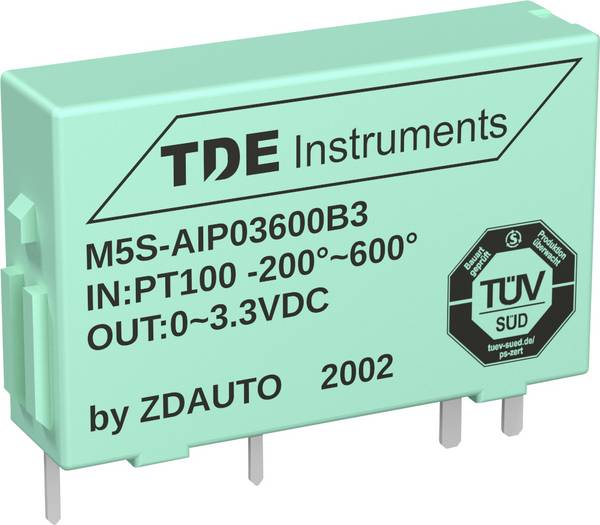 ZDAuto Uitbreidingsmodule  AIP03600B3 Aansluiting: soldeerpennen · Schakelspanning (maximaal): 30 V/DC · Schakelstroom (maximaal): 30 mA · Voedingsspanning: 3,3 V/DC · Signaal intern: 0 - 3,3 V/DC · Signaal extern: Pt100 · Afm. (lxbxh): 20 x 5 x 12,7 mm