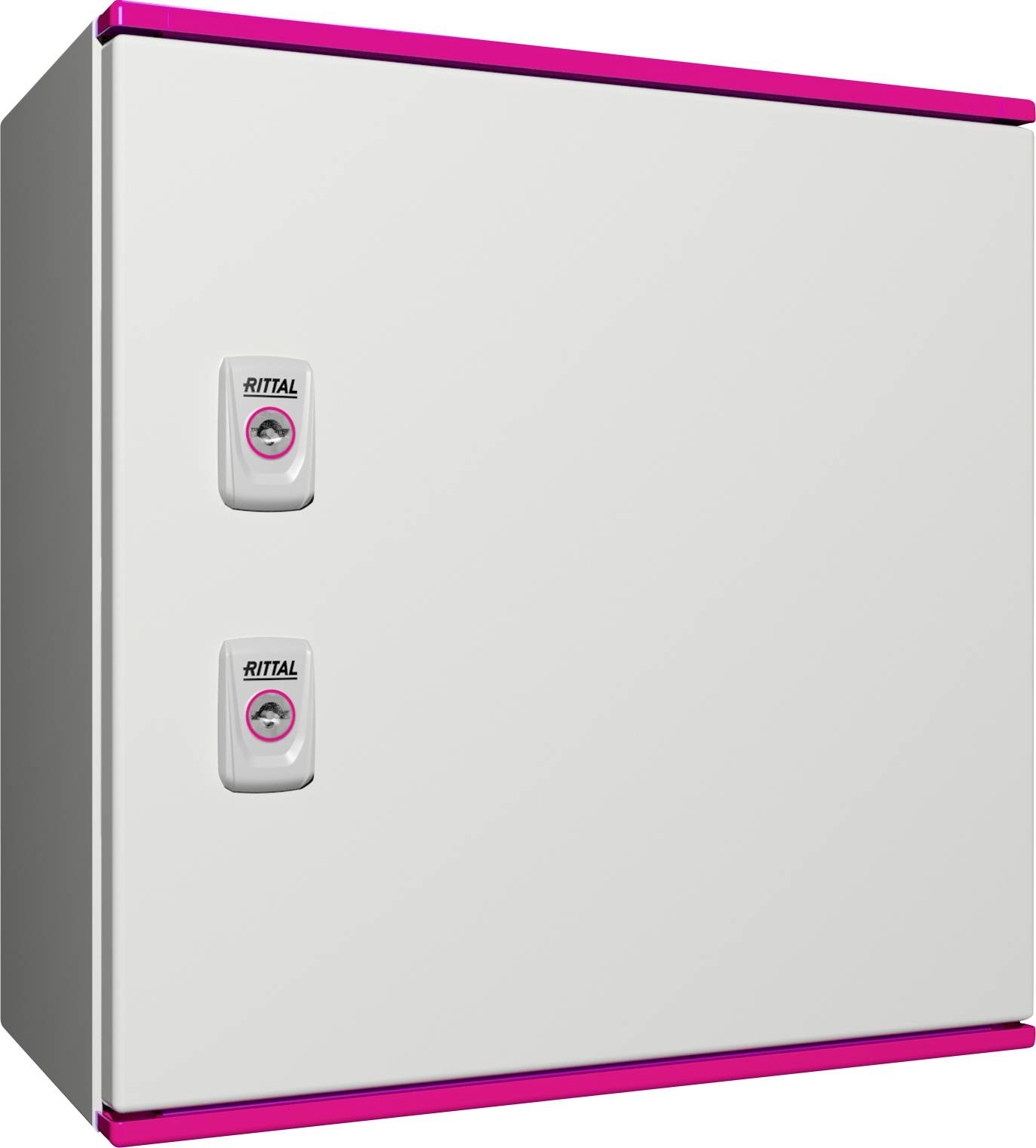 Metalen behuizing met twee sloten aan de linkerkant. Roze accenten zijn zichtbaar bovenaan en onderaan.
