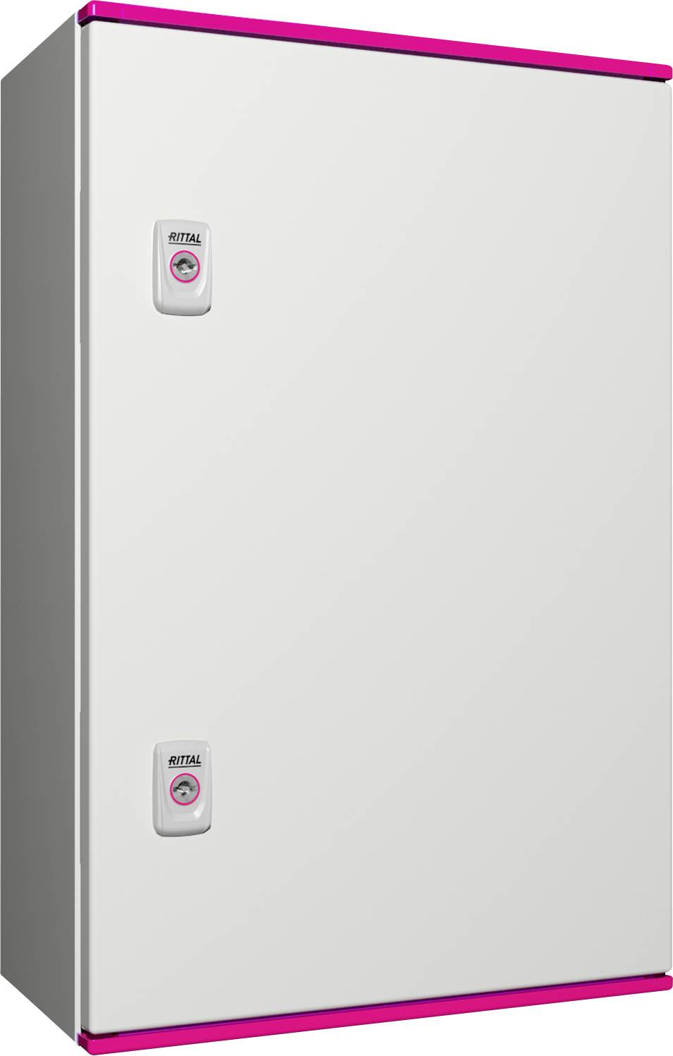 Metalen kast met twee handgrepen en het logo 'Rittal', voor een neutrale achtergrond.