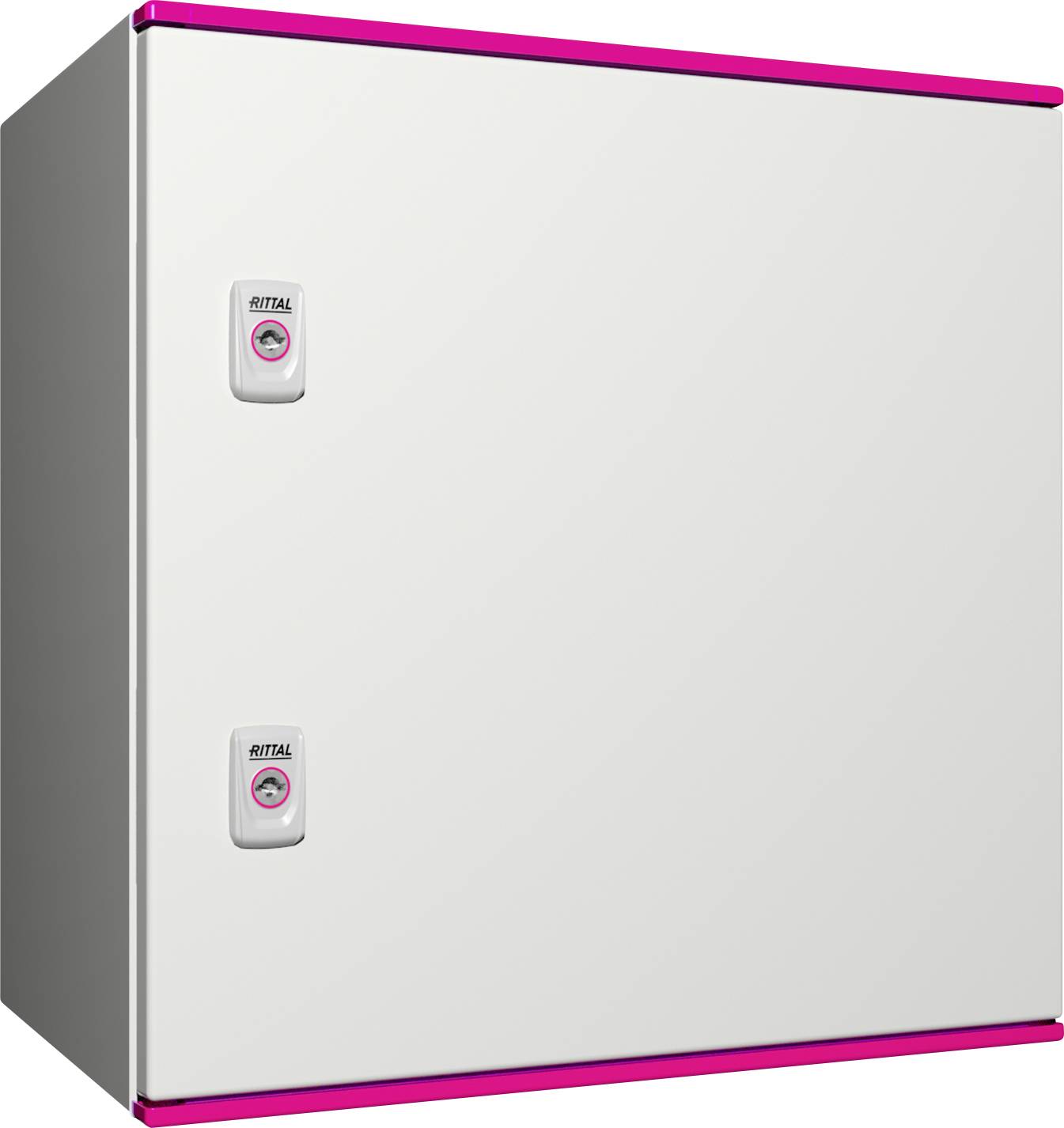 Een grijze metalen kast met twee Rittal-sloten aan de voorzijde en afgeronde roze randen.