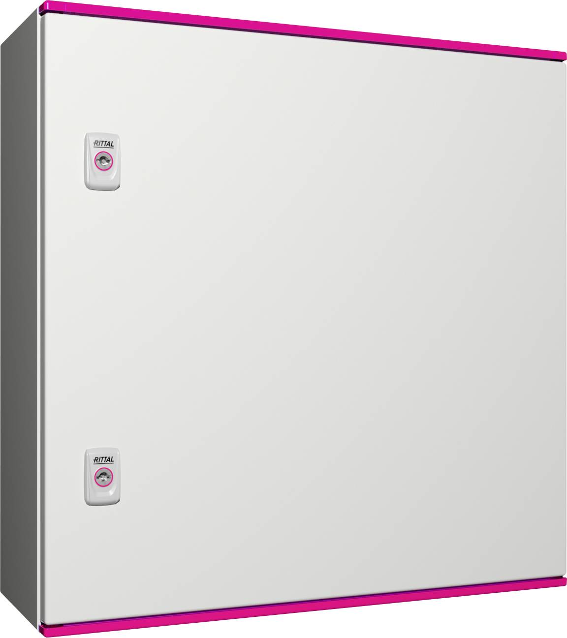 Elektrische schakelkast in rechthoekige vorm, wit met roze randen. Twee sloten zijn zichtbaar aan de voorzijde.