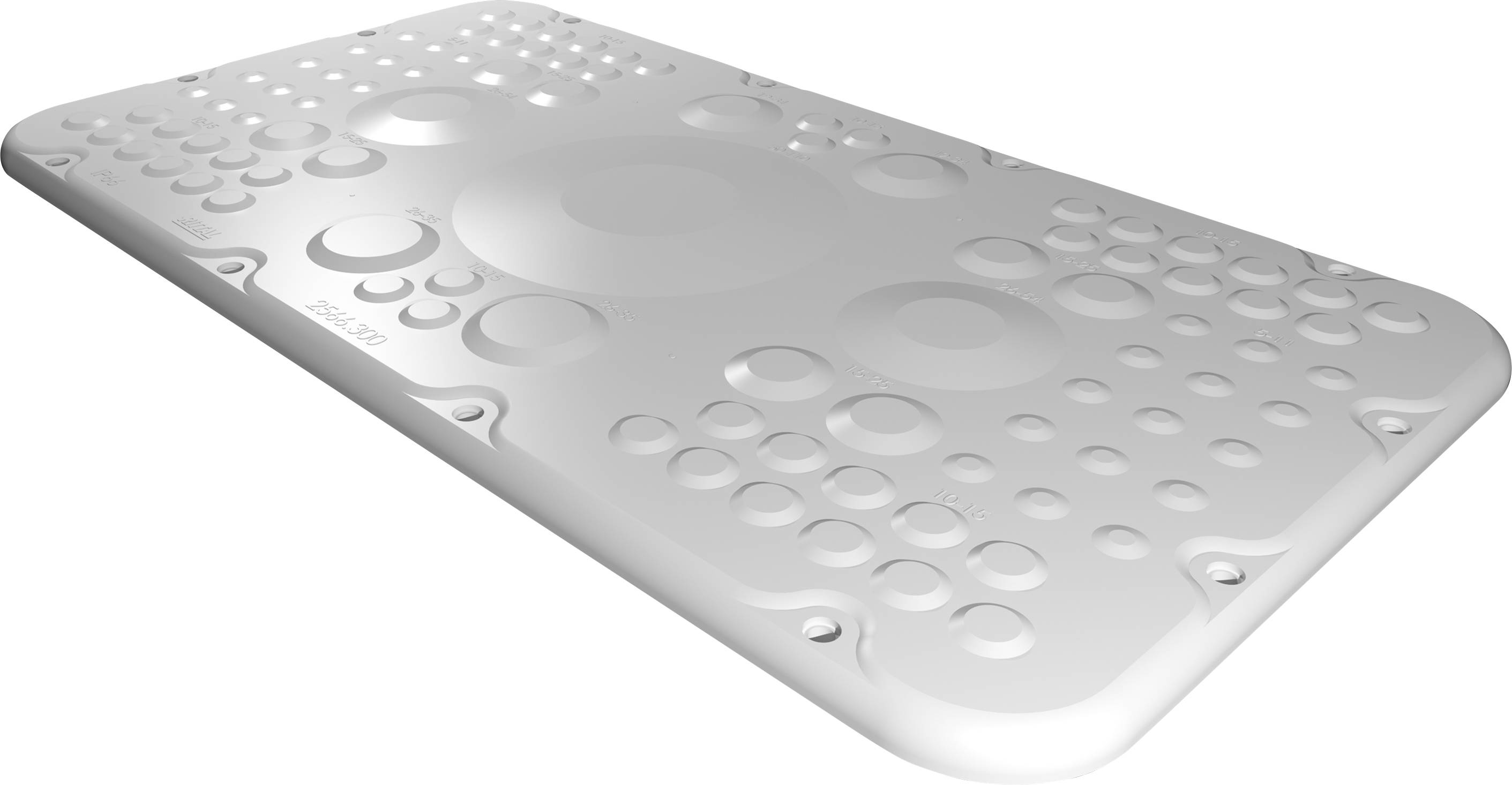 Een rechthoekig, wit balancebord met verschillende ronde verhogingen verspreid over het oppervlak.