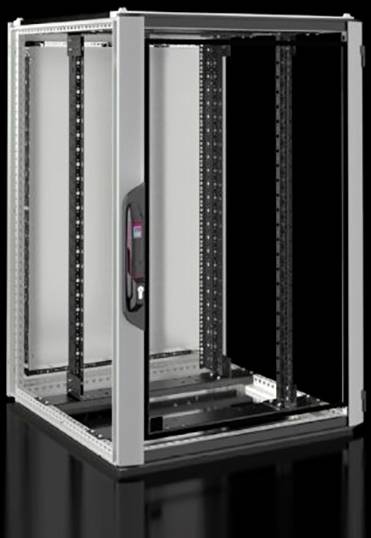 Een open metalen serverrekframe met glazen deur, geschikt voor de installatie van IT-apparatuur in datacenters.