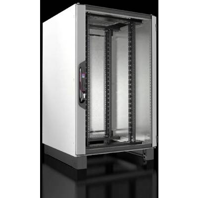 Metalen netwerk-serverrack met glazen voordeur, lege binnenkant met verticale montagebeugels voor serverapparatuur, vrijstaand.