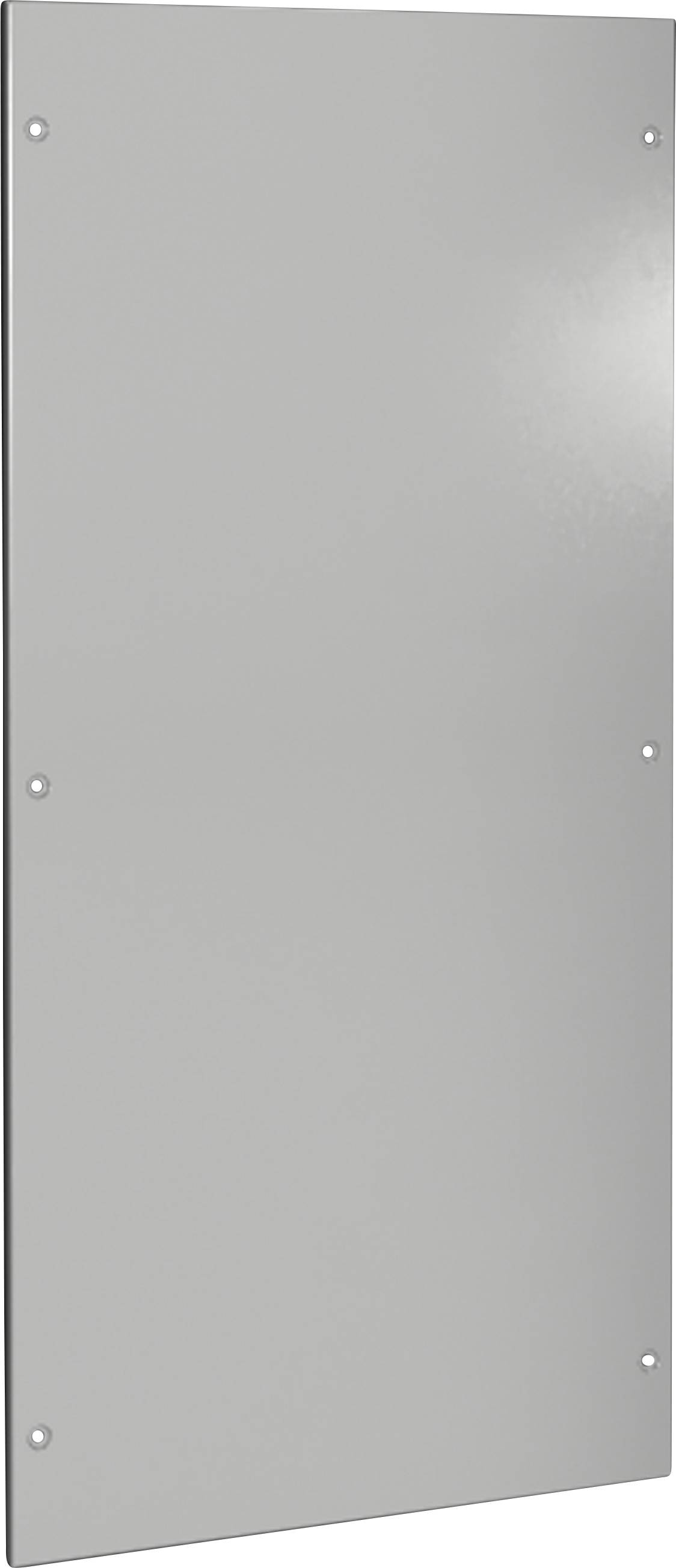 Een gladde, rechthoekige grijze metalen plaat met zes schroeven op de hoeken en randen, zichtbaar tegen een effen achtergrond.