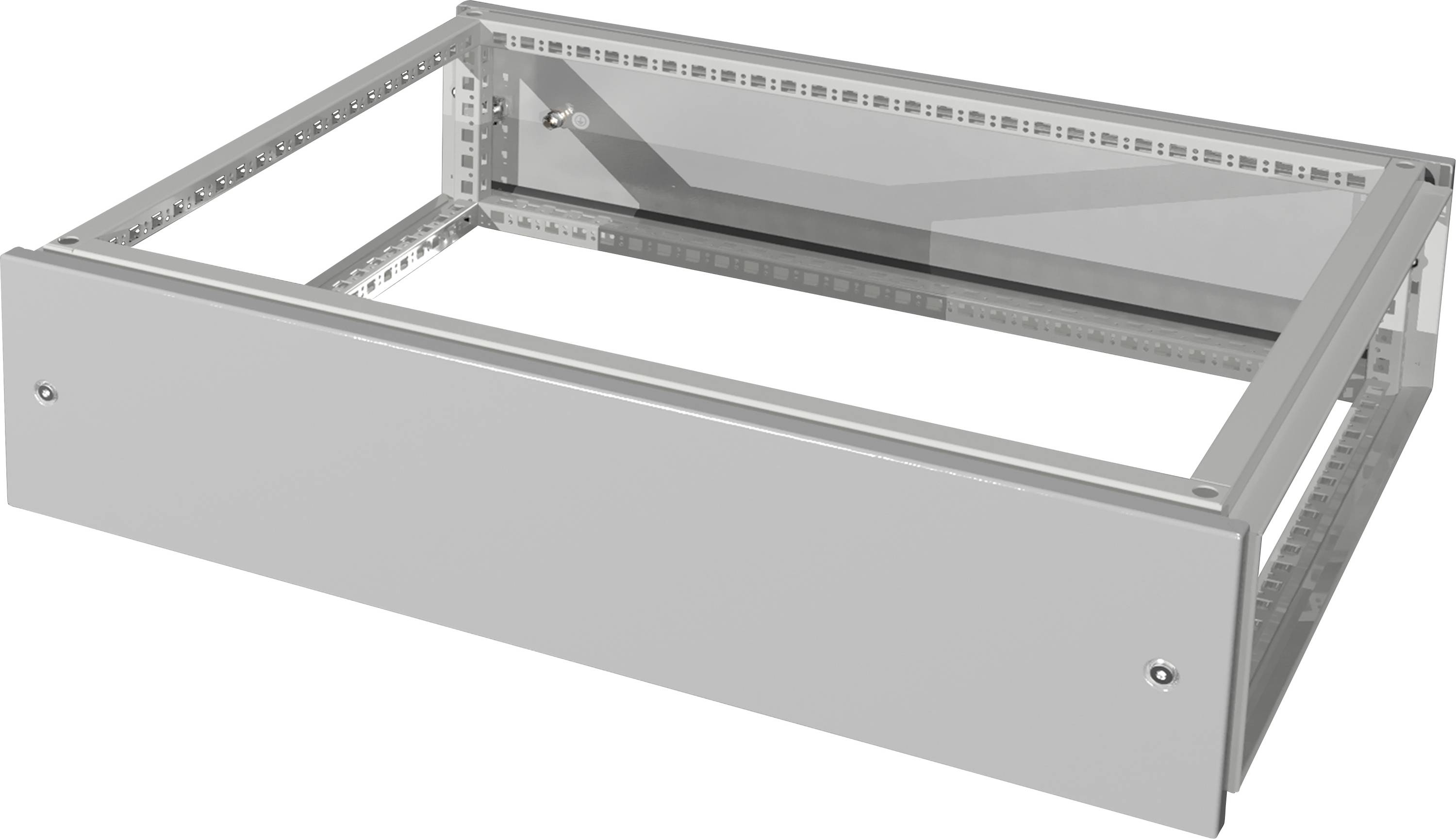 Een grijs metalen frame, gedeeltelijk open constructie, vermoedelijk onderdeel van een industriële of technische installatie.